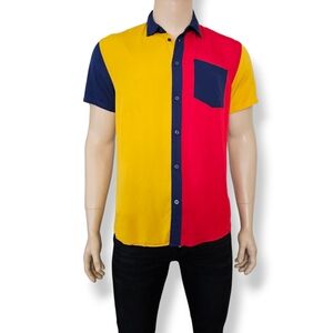Forever 21 Red, Yellow & Blue Color Block Retro Button Down Shirt Size Large